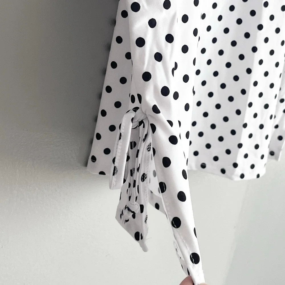 Robert Louis Polka Dot Blouse Top Flutter Sleeves Side Ties White Black 1X NWT